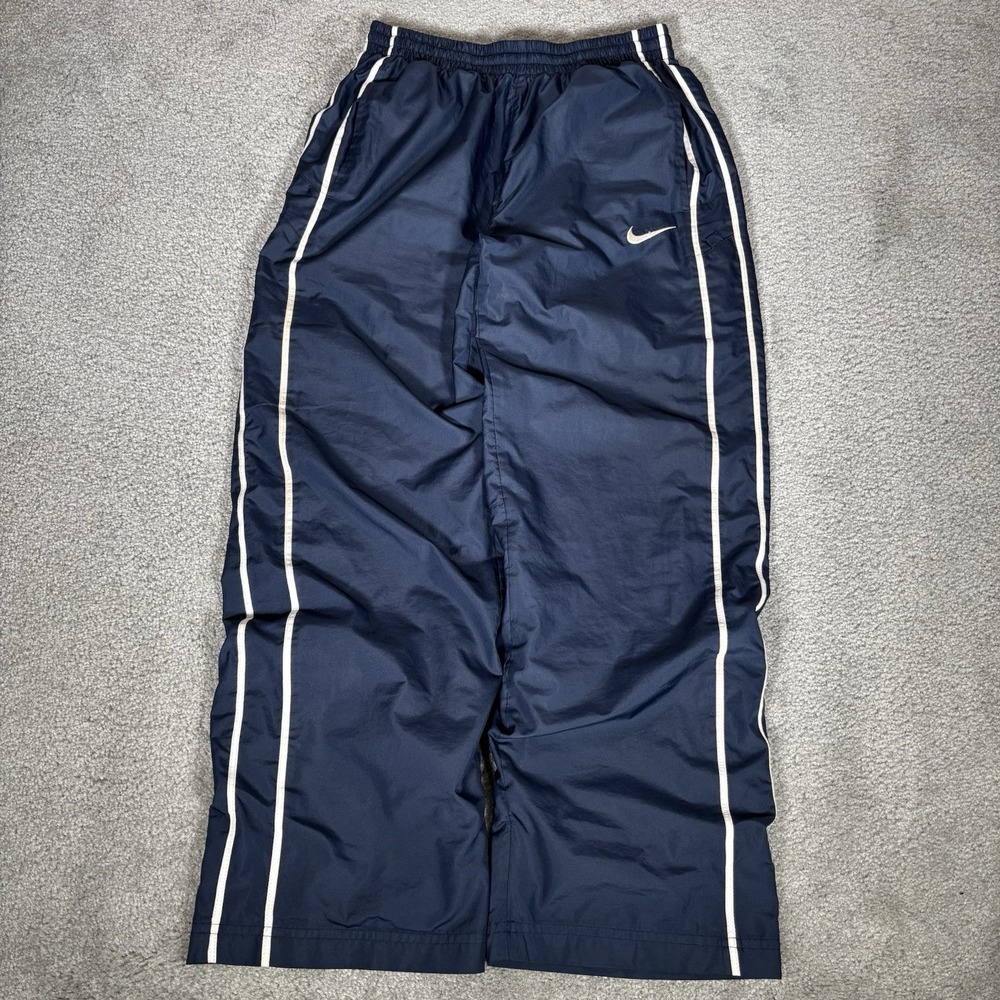 Nike Track Pants Youth Boys L Navy Blue Windbreaker Fleece Lined Wide Leg Baggy